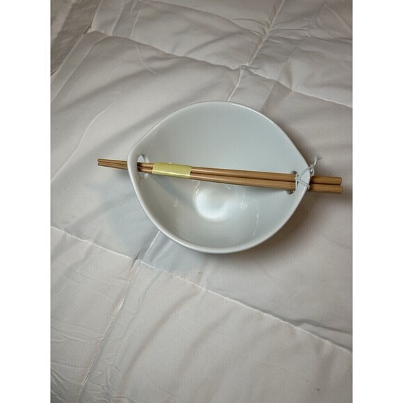 Crate & Barrel Kai Noodle / Rice Bowl White w/ Wood Chopsticks - Picture 1 of 4